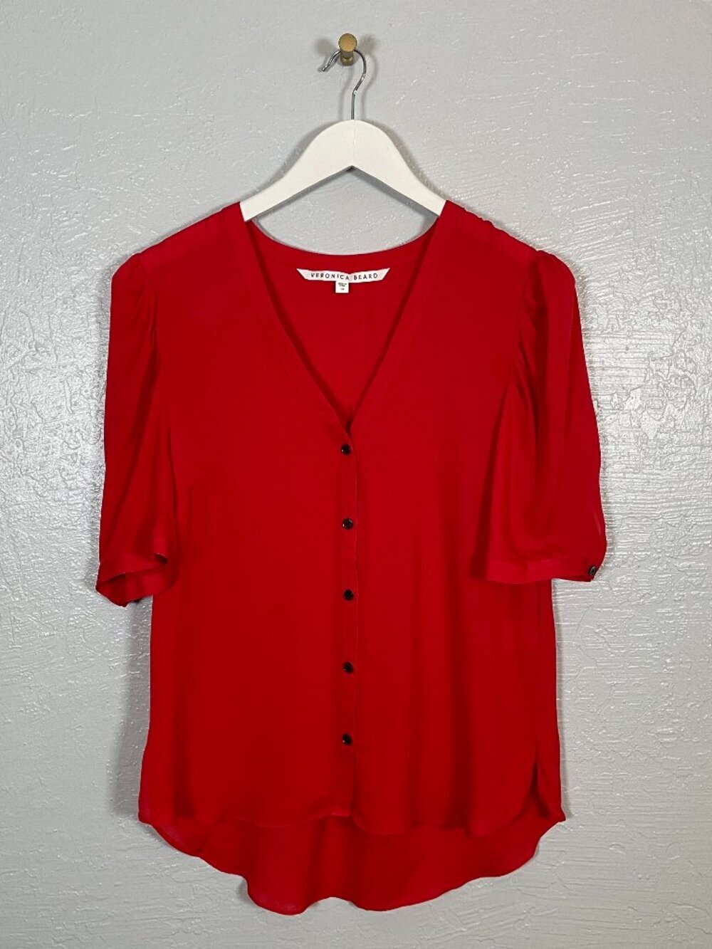 Veronica Beard Women 10 Poppy Red Garland Blouse Silk Short Sleeve Button Front